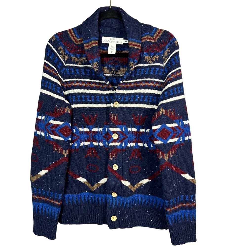 H&M Cardigan Sweater Men's Small Aztec Western Blue Cabin Shawl Collar Cobain